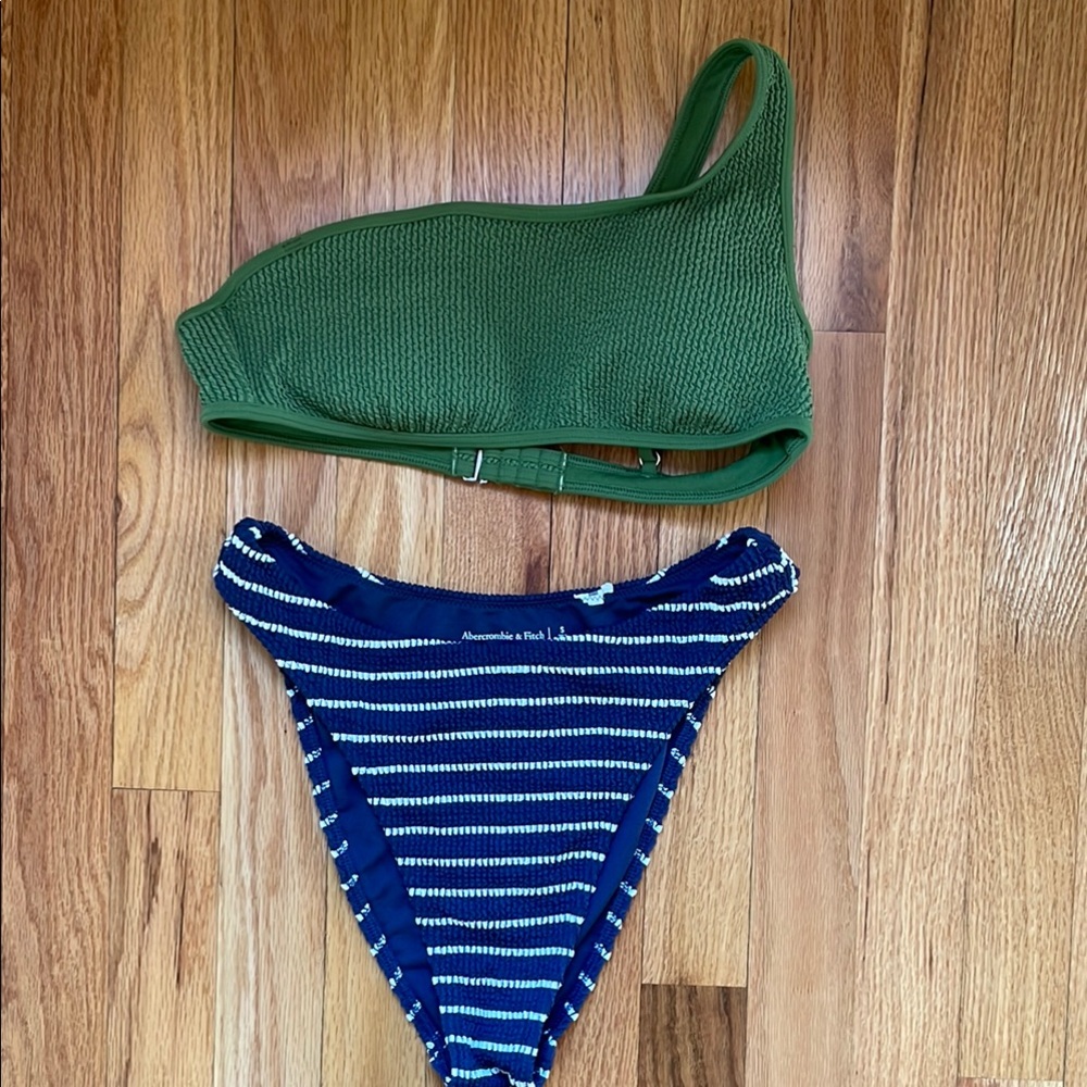 Abercrombie and Fitch Textured Green One-Shoulder Bikini Top and Striped Bottoms